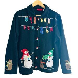 VTG Onque Casuals Womens Christmas Cardigan Sweater Large Snowman Cats Grandma